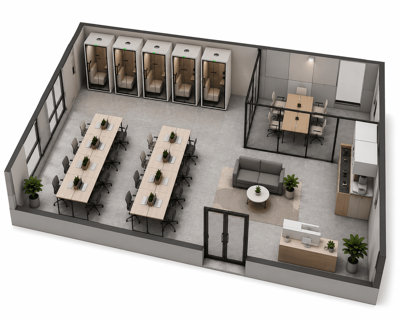 Proyecto integral de oficina con puestos de trabajo, sala de reunión y pods INPRO